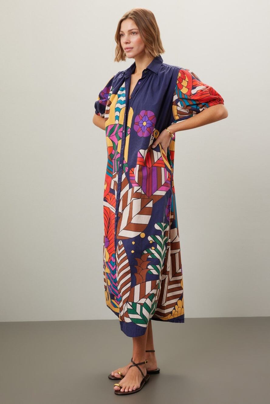 Carolina K Valerie Pleated Geometric Print Puff Sleeve Midi Kaftan Dress Size XS